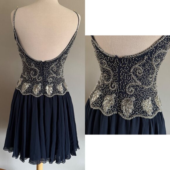 Vintage Oleg Cassini Navy 100% Silk Silver Pearl Beaded Party Dress | Sz 8 - Picture 13 of 14